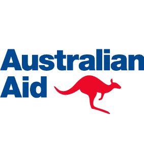 Logo of Australian Aid in blue text with a red kangaroo on the lower right corner. 