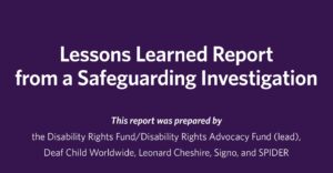 Purple background with the text: Lessons Learned Report from Safeguarding Investigation